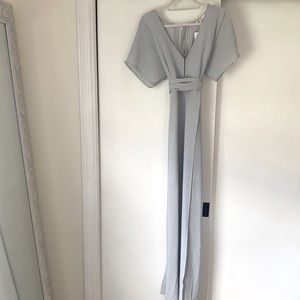 Floor length light blue open back waist tie dress